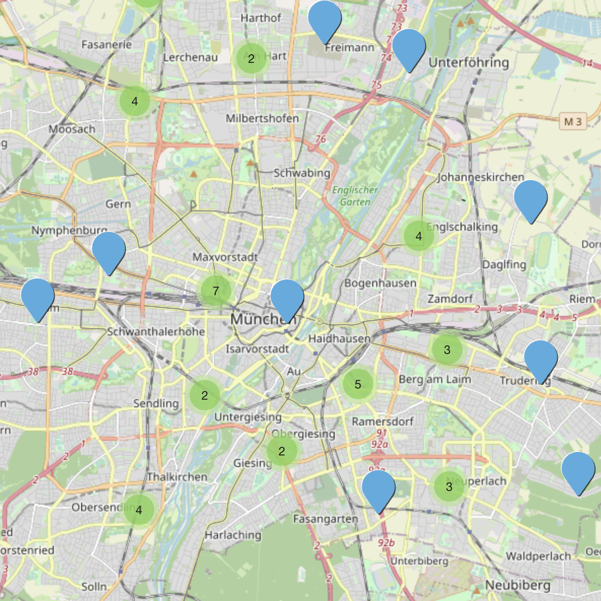 Markierungen auf dem Stadtplan von München